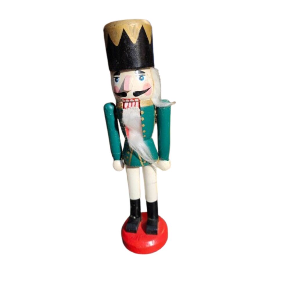 T2 Vintage Wooden Solider Nutcracker Green & White Christmas Decor 9.25” X 3”